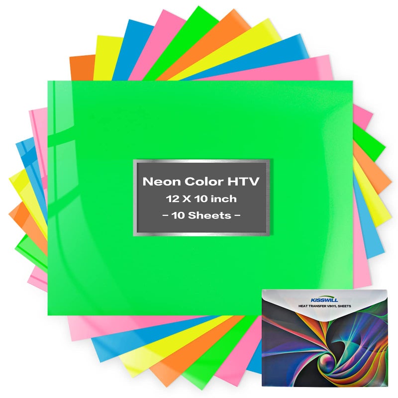 KISSWILL Neon HTV Heat Transfer Vinyl - 5 Colors 10 Pack 12"x10" Neon Color HTV Iron on Vinyl, Easy to Weed HTV Vinyl Compatible with Silhouette Cameo (Neon Green/Yellow/Pink/Blue/Orange) - Image 1